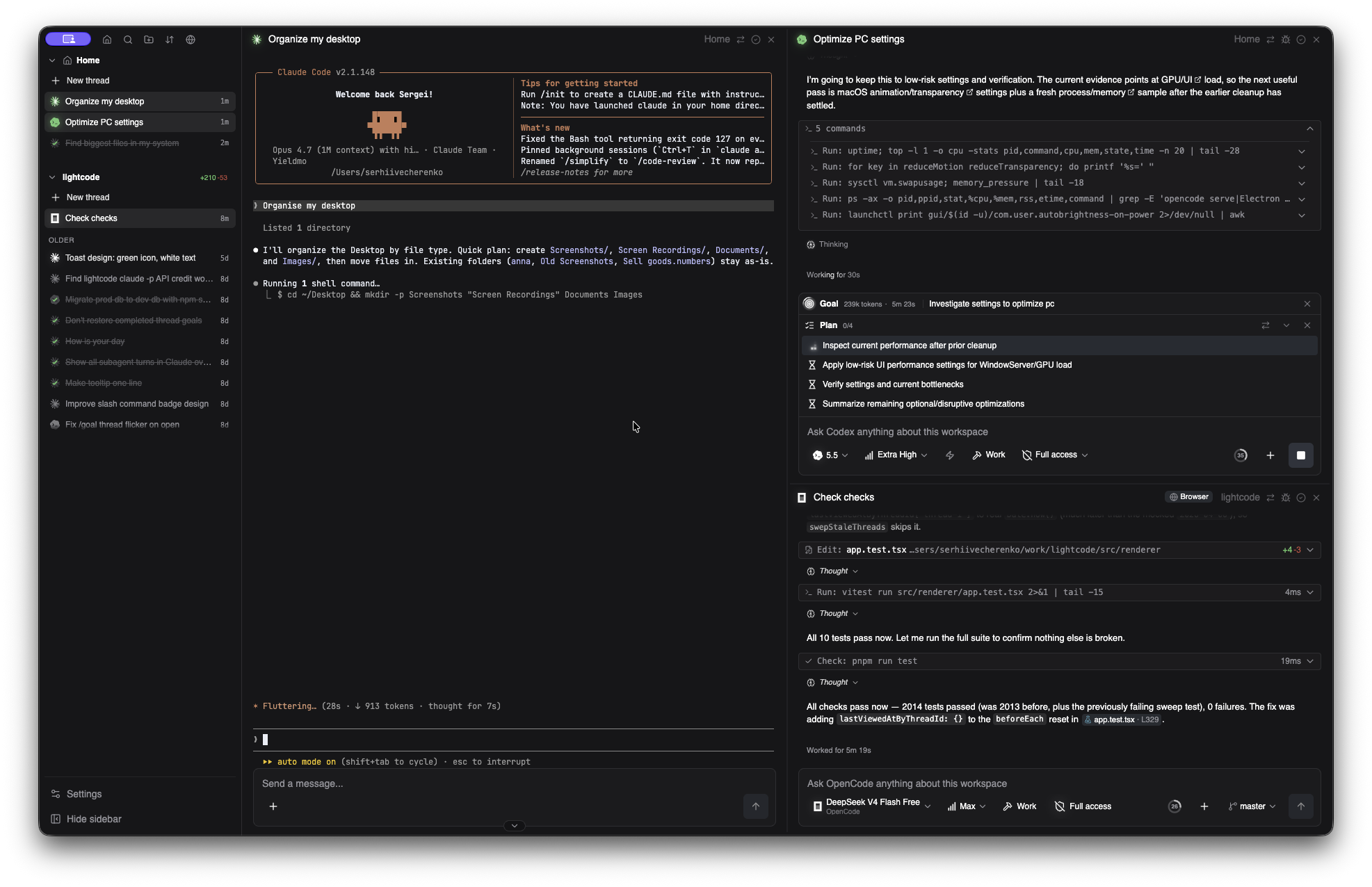 Lightcode — Claude and Codex agents running side-by-side